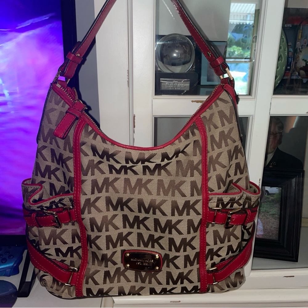 Genuine Michael Kors Purse MK Logo Pattern & Red Leather Straps Gold Hardware
